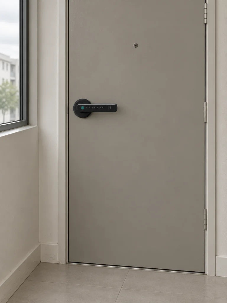 A vertical photograph of the exact black lock from reference r00 installed on the front door of a re
